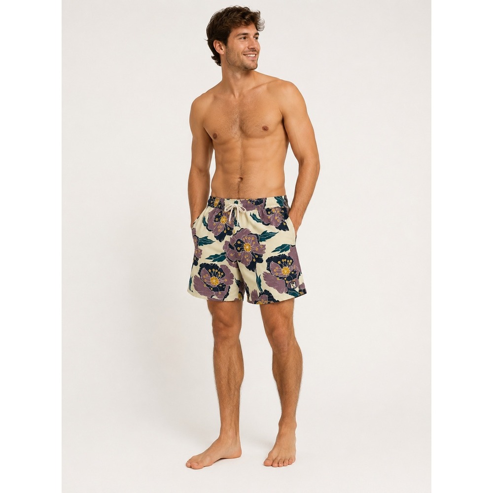 Marine Layer Shorts Mens XL Floral Tropical Print Cream Elastic‎ Waist Beach